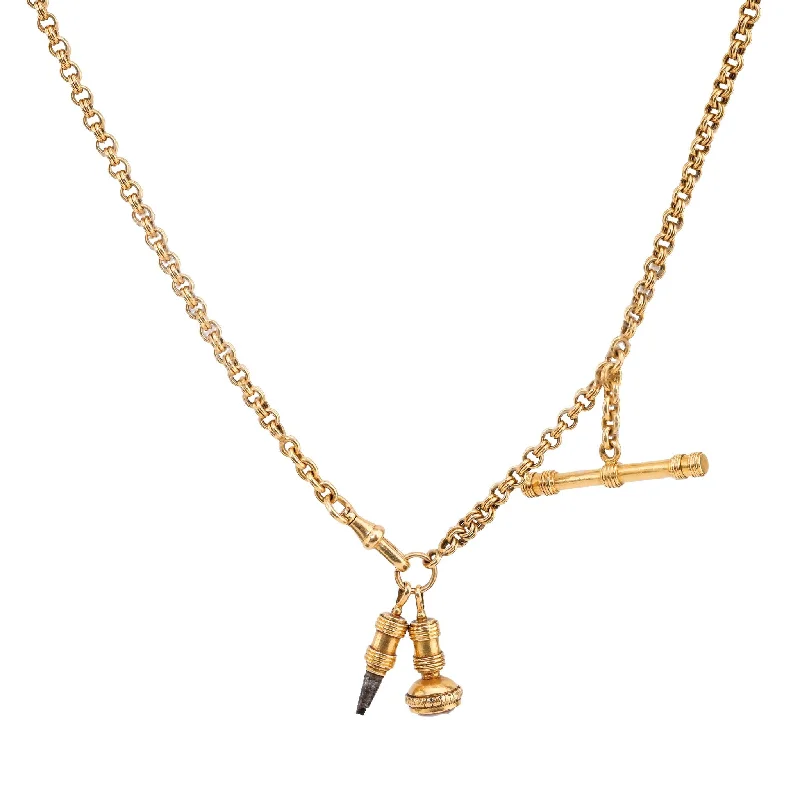 rose gold bar necklace for women -Antique French 18K Yellow Gold Necklace with Fobs