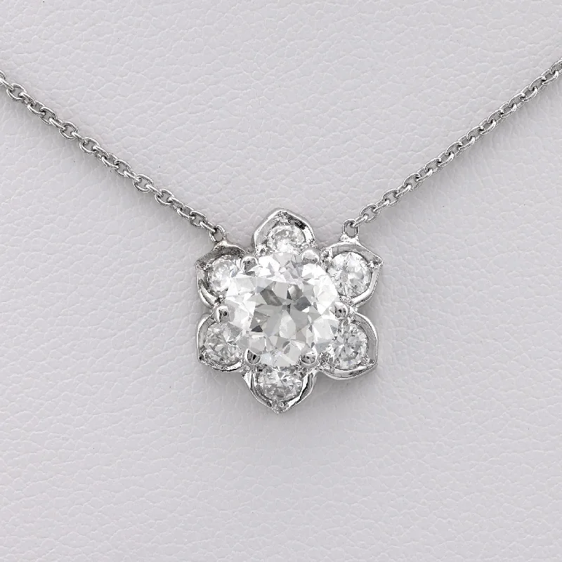 simple gold pendant necklace -Antique Style 1.40 Carat Diamond Platinum Flower Necklace