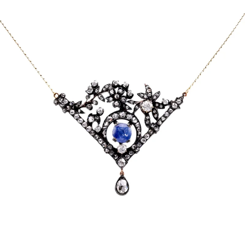 tree of life necklace for women -Antique Style  4 Carat Sapphire Diamond 18K Yellow Gold Silver Necklace