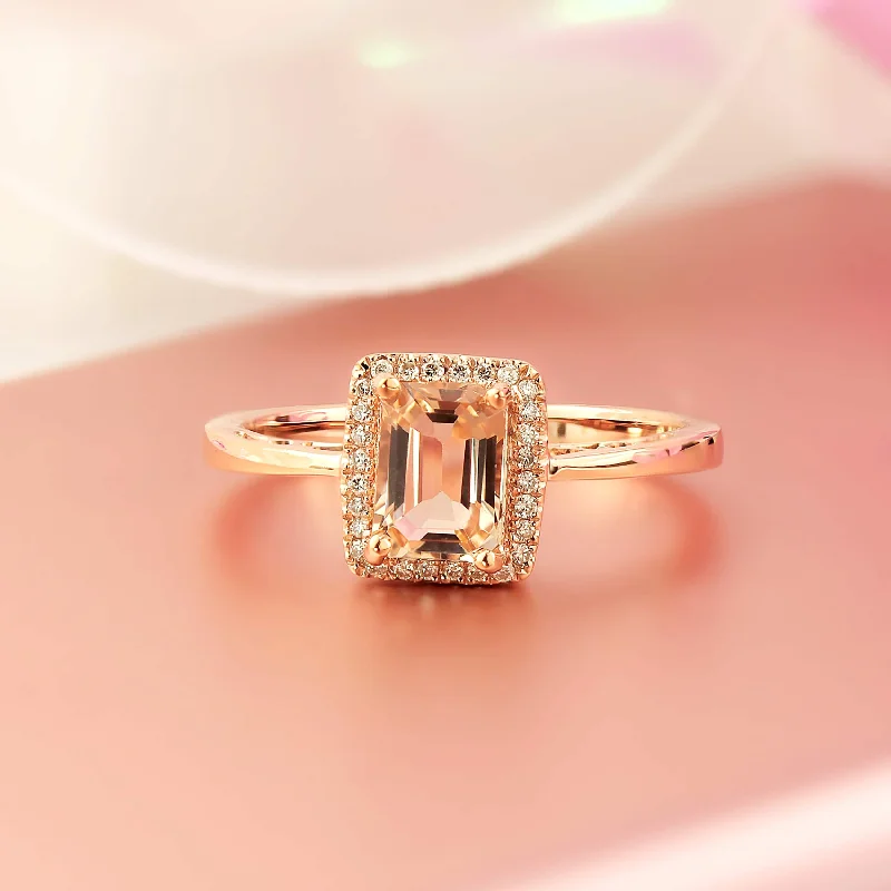 promise ring for girlfriend -Auriya 9/10ct Emerald-Cut Morganite and 1/10ctw Halo Diamond Ring 10-karat Rose Gold