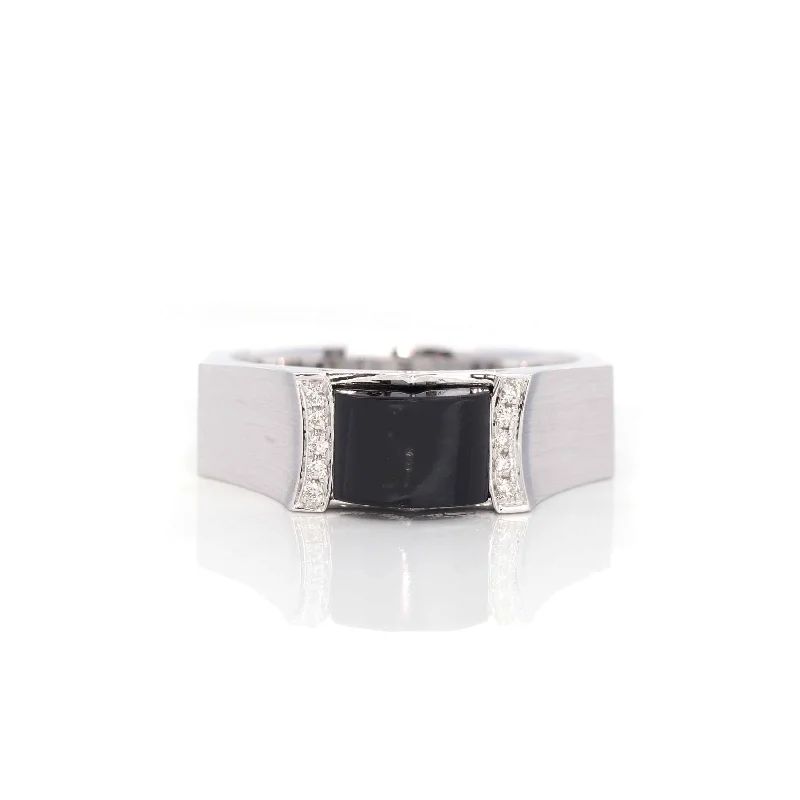 crystal healing ring for women -Baikalla™ "Emerald Cabochon" Genuine Burmese Emerald Cut Black Jadeite Jade Ring