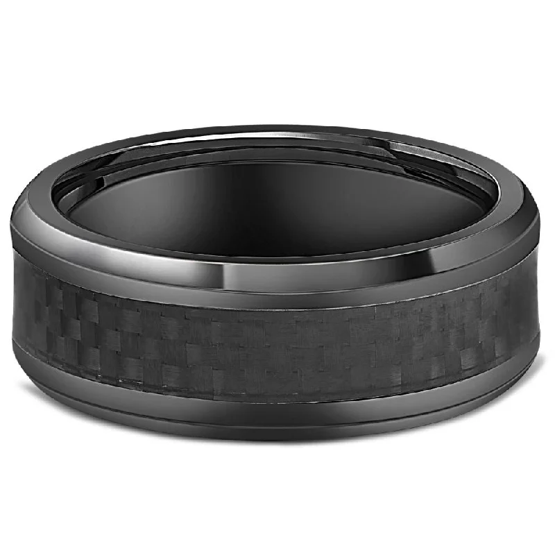 zodiac sign ring for women -Black Titanium 8mm Beveled Band with Black Carbon Fiber Inlay Comfort Fit Size Selectable