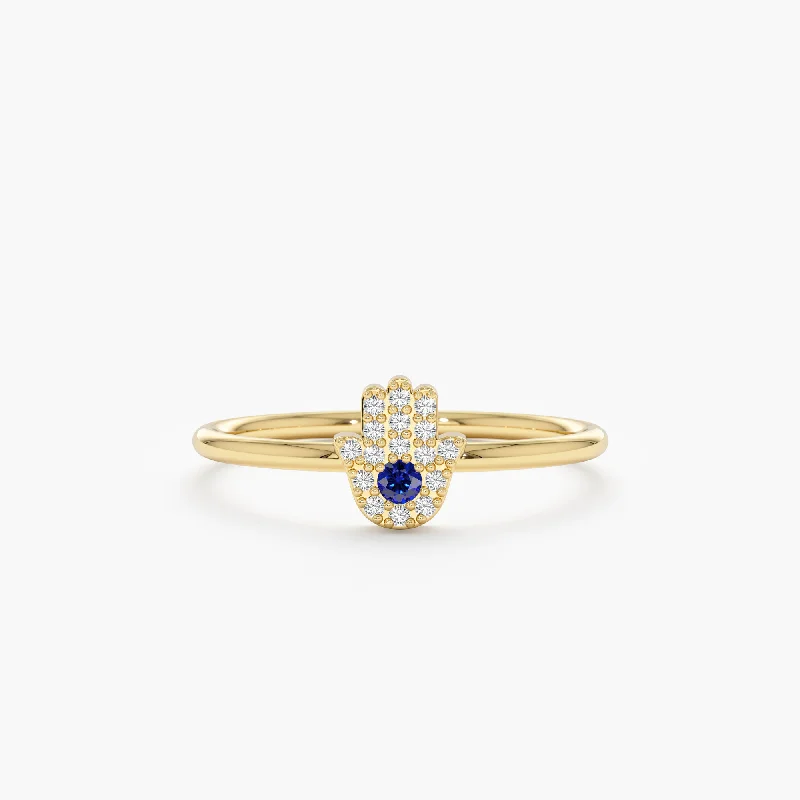 stackable gold ring for women -Diamond and Sapphire Hamsa Ring, Edina