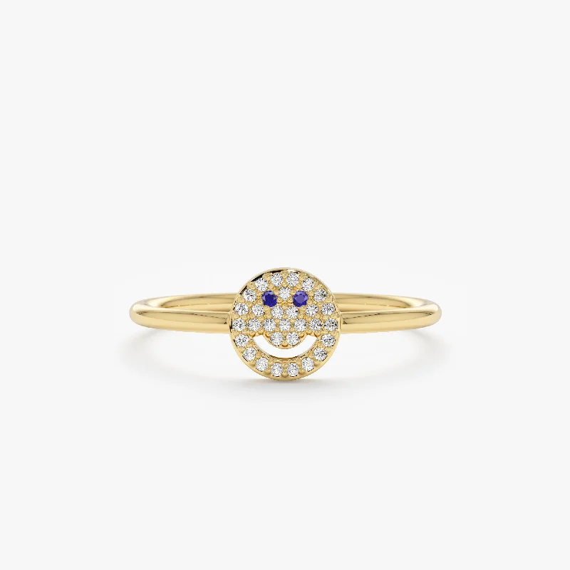 minimalist ring for everyday wear -Diamond and Sapphire Happy Face Ring, Joy