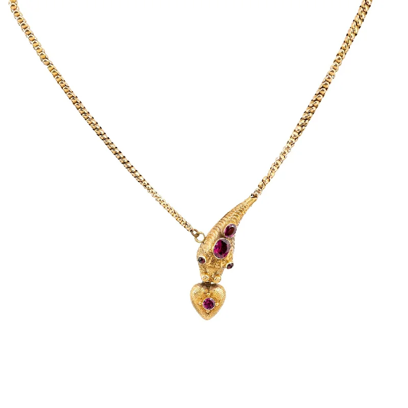 zodiac constellation necklace for women -Fabulous antique garnet 14k yellow gold snake necklace