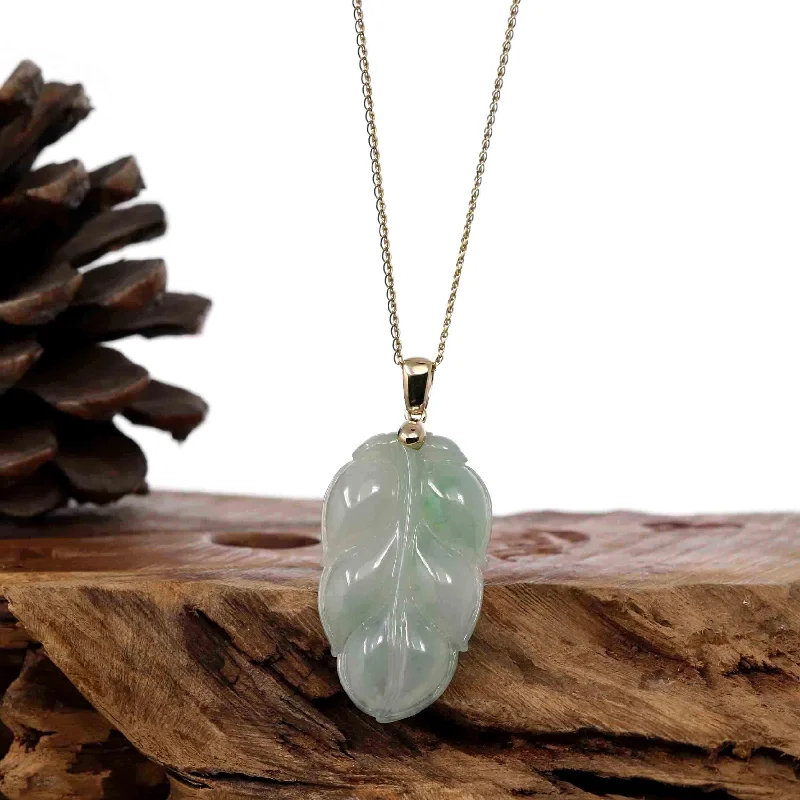 custom family tree necklace -Genuine Ice Green Jadeite Jade Jin Zhi Yu Ye (Leaf) Necklace With 14k Yellow Gold Bail