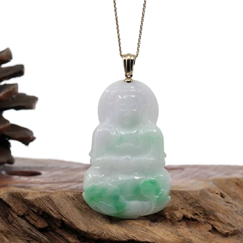 trendy gold choker necklace -Goddess of Compassion" 14k Yellow Gold Genuine Burmese Jadeite Jade Guanyin Necklace With Good Luck Design