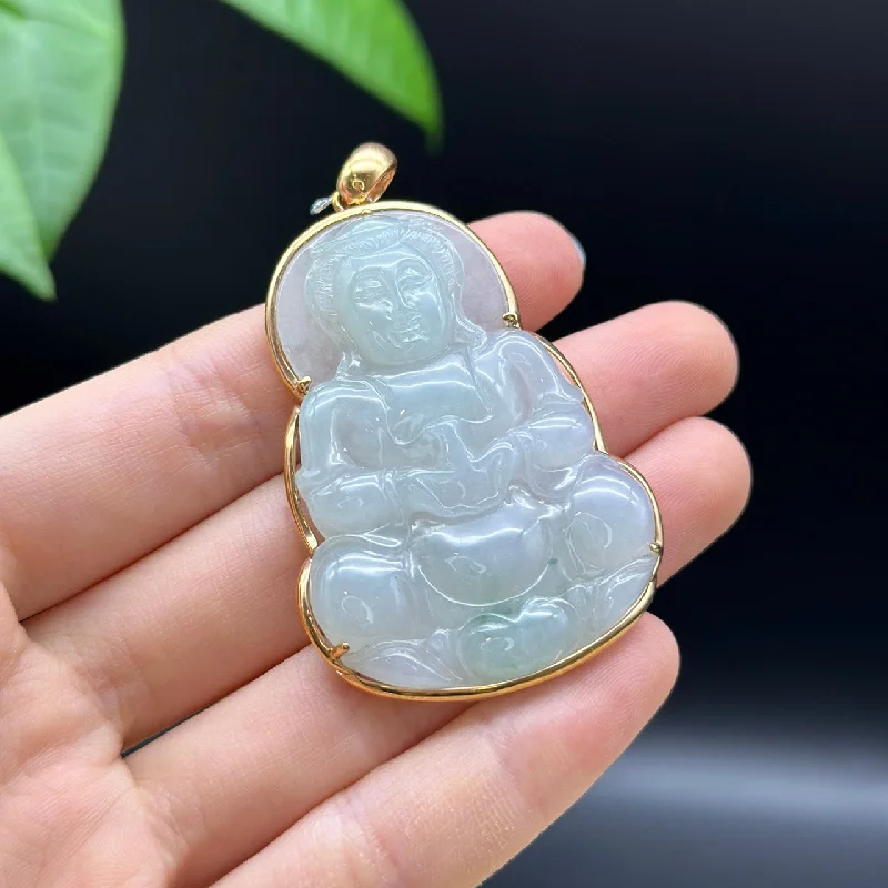 celestial necklace for women -"Goddess of Compassion" 18k Rose Gold Genuine Burmese Jadeite Jade Guanyin Necklace With Good Luck Design