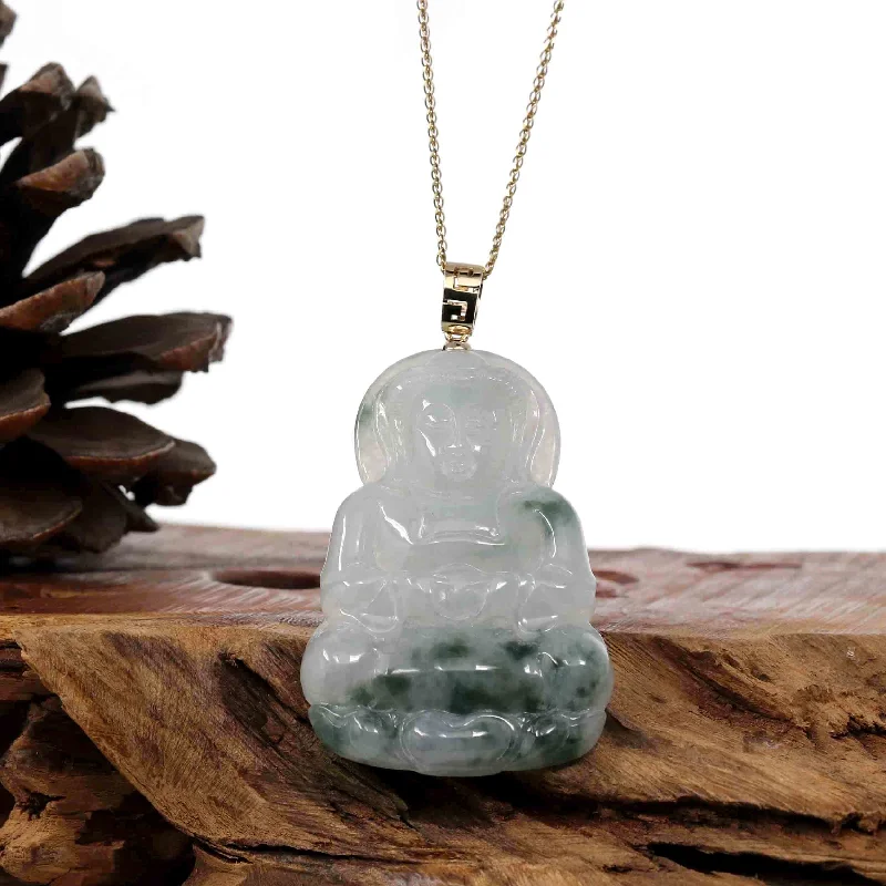 luxury gold necklace for special occasions -"Goddess of Compassion" Genuine Burmese Ice Blue Jadeite Jade Guanyin Necklace With Good Luck Design 14k Yellow Gold Bail