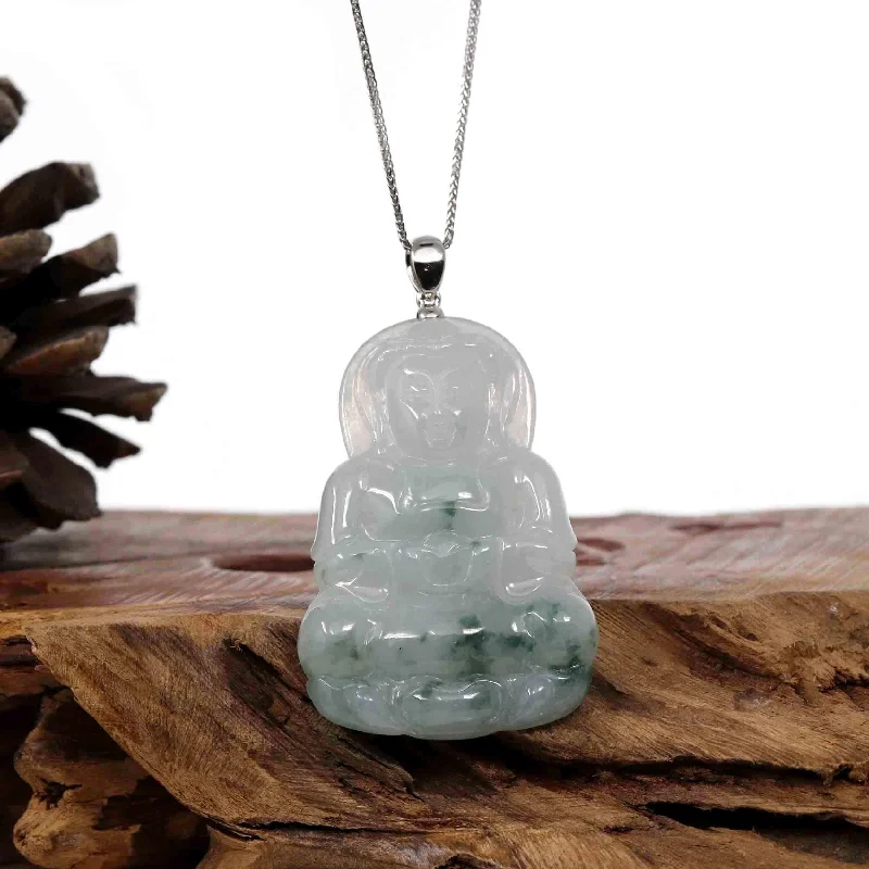 multi-strand necklace for women -"Goddess of Compassion" Genuine Burmese Ice Blue Jadeite Jade Guanyin Necklace With Good Luck Design Sterling Silver Bail