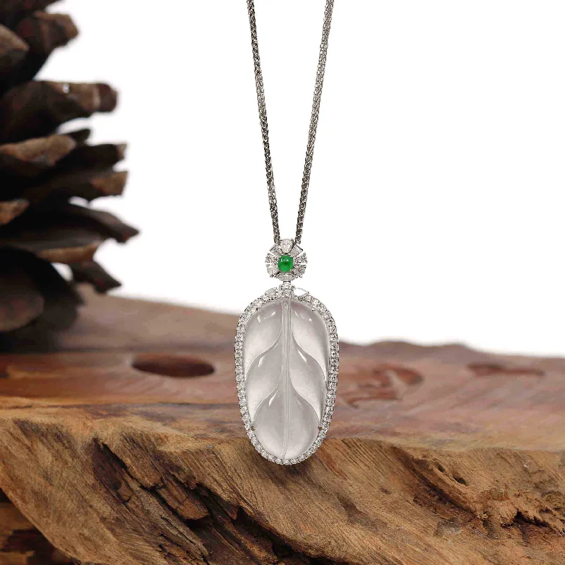 diamond tennis necklace for women -High-end Genuine Ice Jadeite Jade Jin Zhi Yu Ye (Leaf) Necklace With 18k Gold & Diamond