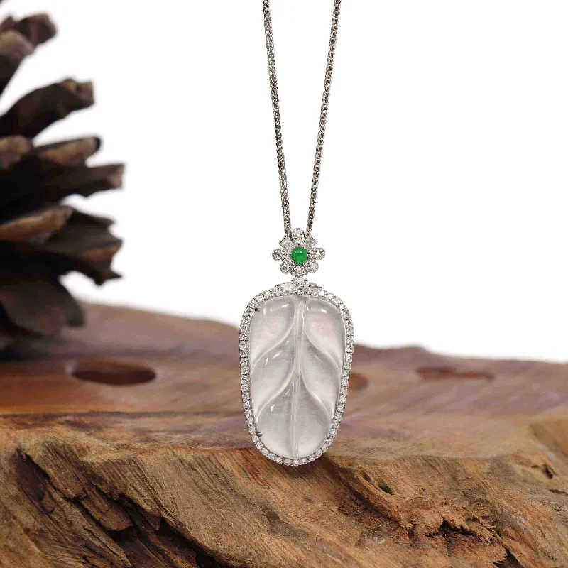 personalized handwriting necklace -High-end Genuine Ice Jadeite Jade Jin Zhi Yu Ye (Leaf) Necklace With 18k Gold & Diamond