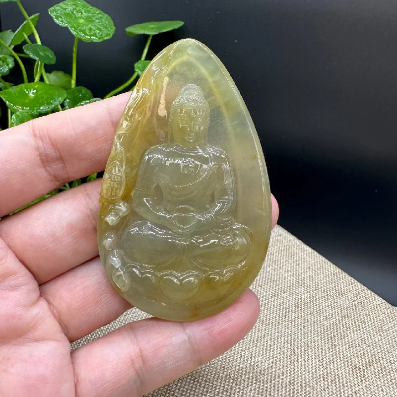 gemstone necklace for women -High end  "Goddess of Compassion" Genuine Honey Yellow Burmese Jadeite Jade Guanyin Necklace