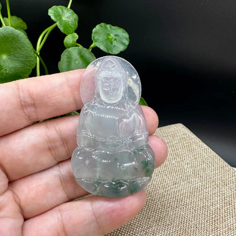 flower pendant necklace for women -High end  "Goddess of Compassion" Genuine Ice Green Burmese Jadeite Jade Guanyin Necklace