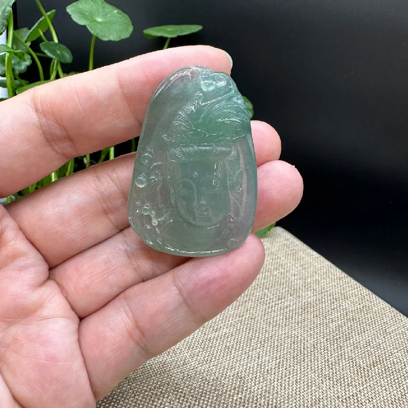 small pendant necklace for minimalist style -High end  "Goddess of Compassion" Genuine Ice Green Burmese Jadeite Jade Guanyin Necklace