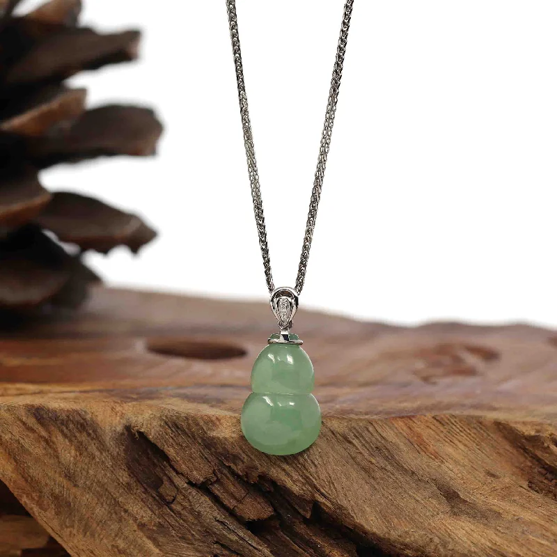 double heart necklace for couples -Natural Green Jadeite Jade "Magic Bottle Gourd" Hulu Necklace With 14k White Gold Diamond Bail