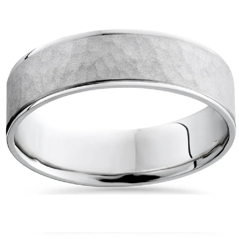 infinity symbol ring for couples -Mens 10k White Gold Hammered Comfort Fit Wedding Band Ring Size Selectable