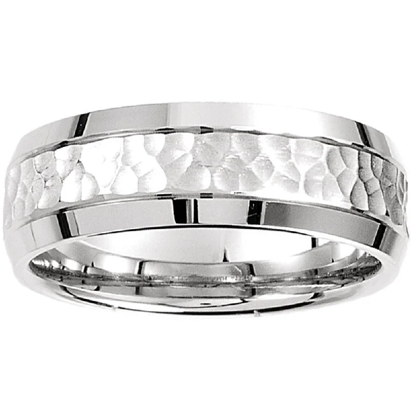 thumb ring for women -Mens 14k White Gold Hammered Beveled Edge 7MM Wedding Band Ring