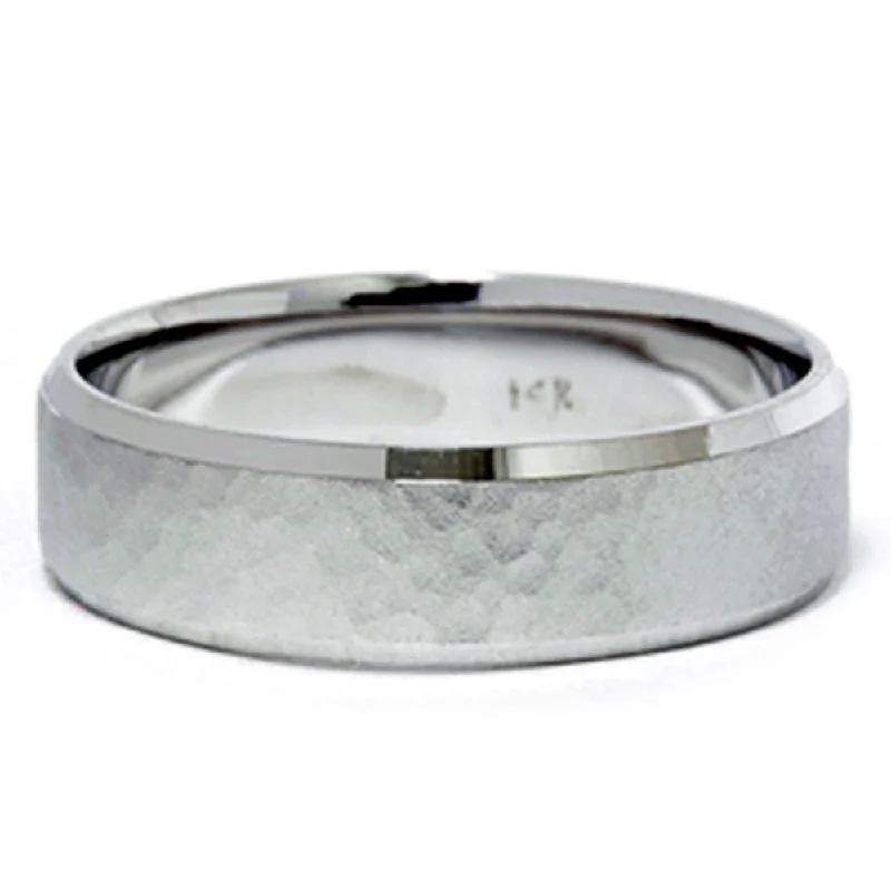 angel halo ring for women -Mens 14K White Gold Hammered Beveled Wedding Band New Size Selectable