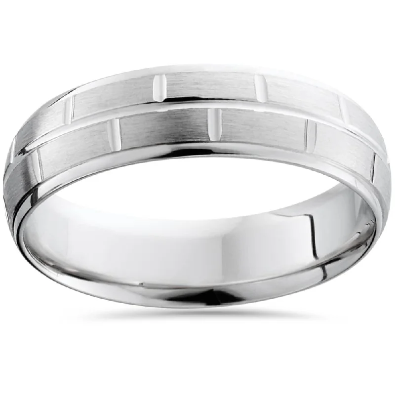 bold geometric ring for women -Mens 6mm Handmade Brushed Wedding Band 14K White Gold Size Selectable