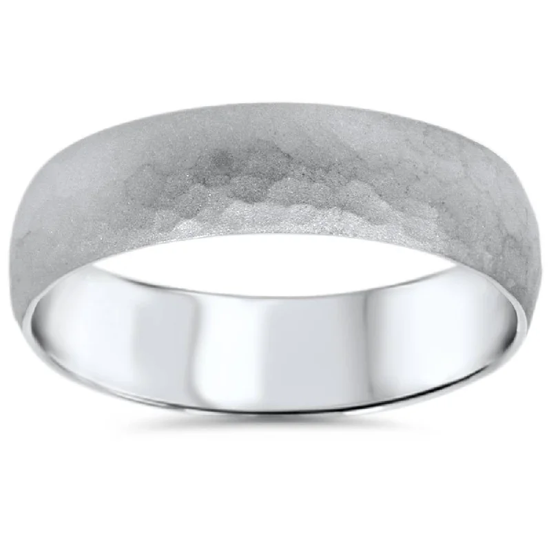 crystal healing ring for women -Mens Hammered White Gold Wedding Band Milgrain Ring 6mm Size Selectable