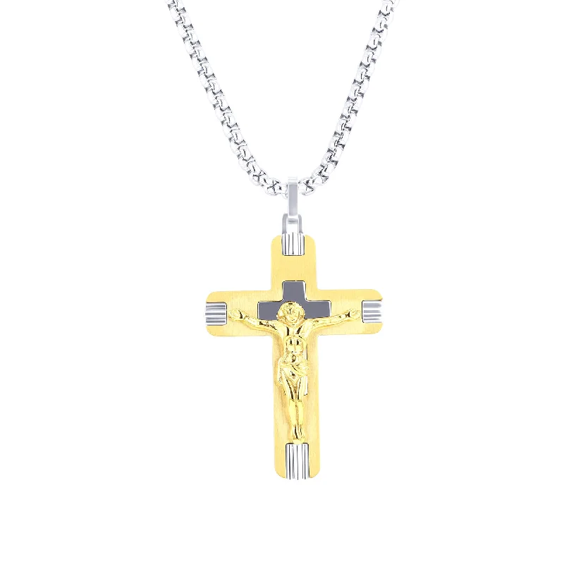 chic layered necklace for women -Mercy Stainless Steel and Gold Ion-Plated Cross Necklace