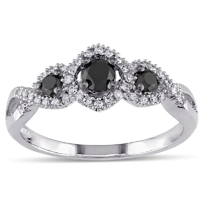 personalized name ring for women -Miadora 1/2 CT Black and White Diamond 3 Stone Ring with 10k White Gold Band