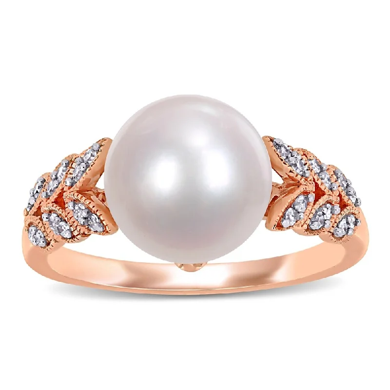 sterling silver ring for men -Miadora 10k Rose Gold Cultured FW Pearl and 1/6ct TDW Diamond Leaf Ring (9-10 mm)