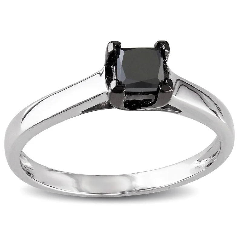 adjustable ring for women -Miadora 10k White Gold 1/2ct TDW Black Princess-cut Diamond Solitaire Ring