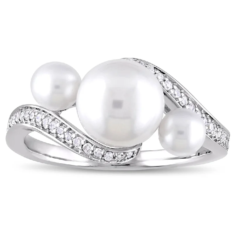 layered midi ring for women -Miadora 10k White Gold Cultured Freshwater Pearl 1/6ct TDW Diamond Bypass Ring (8-9mm)