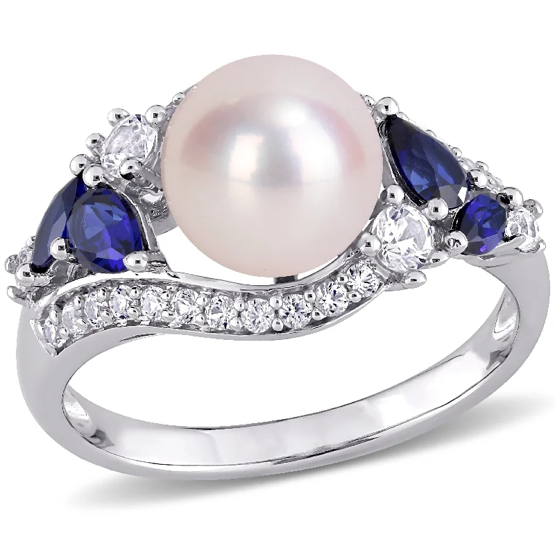 heart signet ring for women -Miadora 10k White Gold Cultured FW Pearl with Created Blue & White Sapphire Pearl Ring (8-8.5mm)