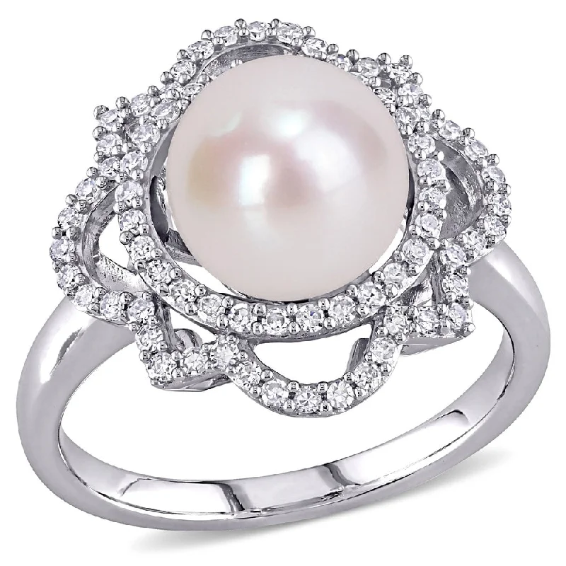 crescent moon ring for women -Miadora 14k White Gold Cultured FW Pearl and 3/8ct TDW Diamond Floral Halo Ring (9-9.5 MM)