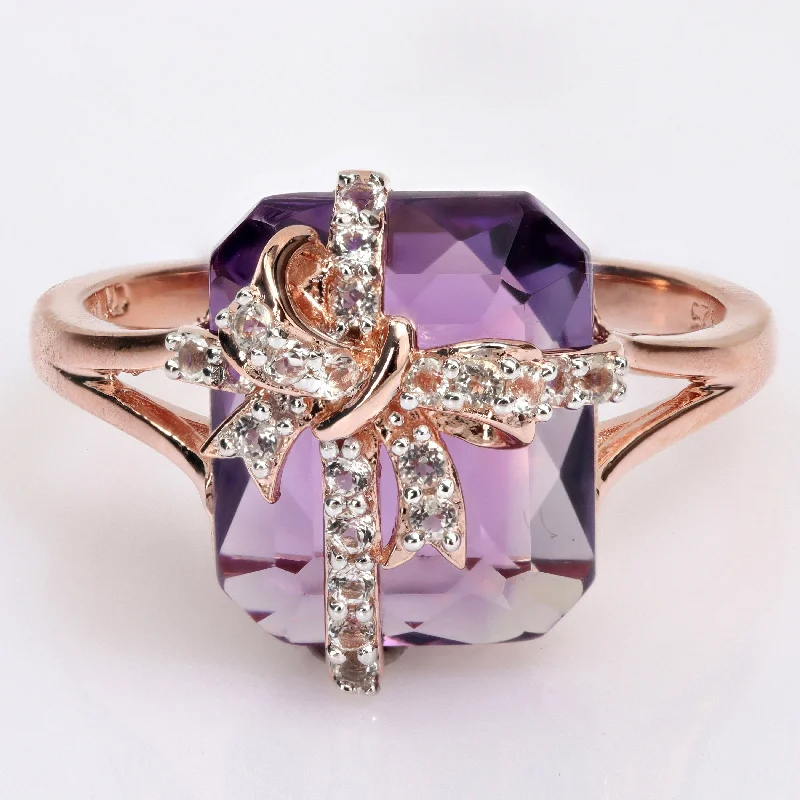 silver band ring for men -Miadora Octagon Amethyst & White Topaz Bow Split Shank Cocktail Ring in Rose Plated Sterling Silver