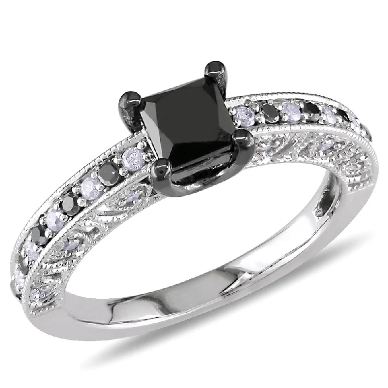 simple gold band ring -Miadora Sterling Silver 1ct TDW Black Princess-cut and White Diamond Ring