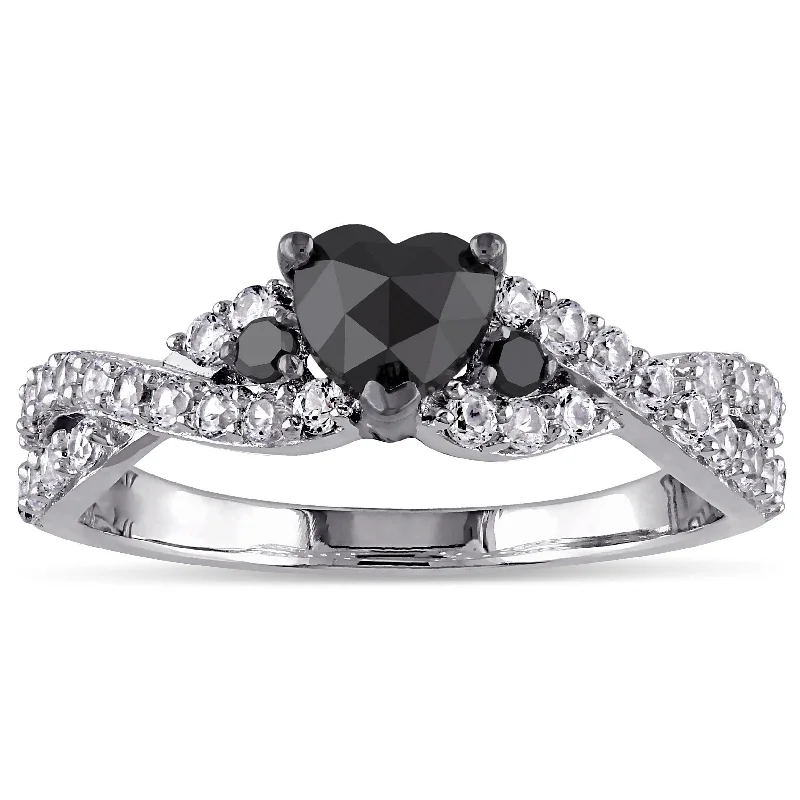 butterfly ring for girls -Miadora Sterling Silver Created White Sapphire 3/5ct TDW Black Diamond Crossover Heart Ring