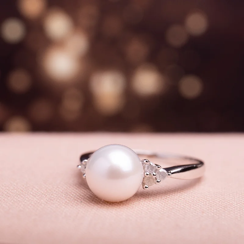 zodiac charm ring for women -Miadora Sterling Silver Cultured Freshwater Pearl and 1/8ct TDW Diamond Cocktail Ring (8-8.5 mm)