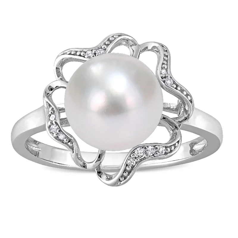 pearl band ring for women -Miadora Sterling Silver Cultured Freshwater Pearl and Diamond Accent Floral Cocktail Ring (9-9.5 mm)