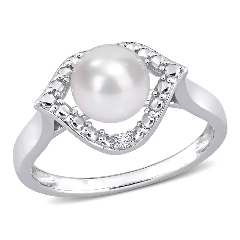 midi ring for women -Miadora Sterling Silver Cultured Freshwater Pearl & Created White Sapphire Halo Ring (7-7.5mm)