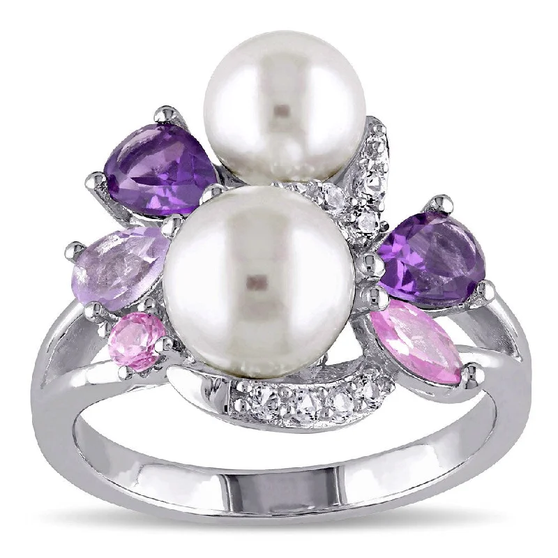 bold geometric ring for women -Miadora Sterling Silver Cultured Freshwater White Pearl, Amethyst, Created Sapphire and Rose de Fran