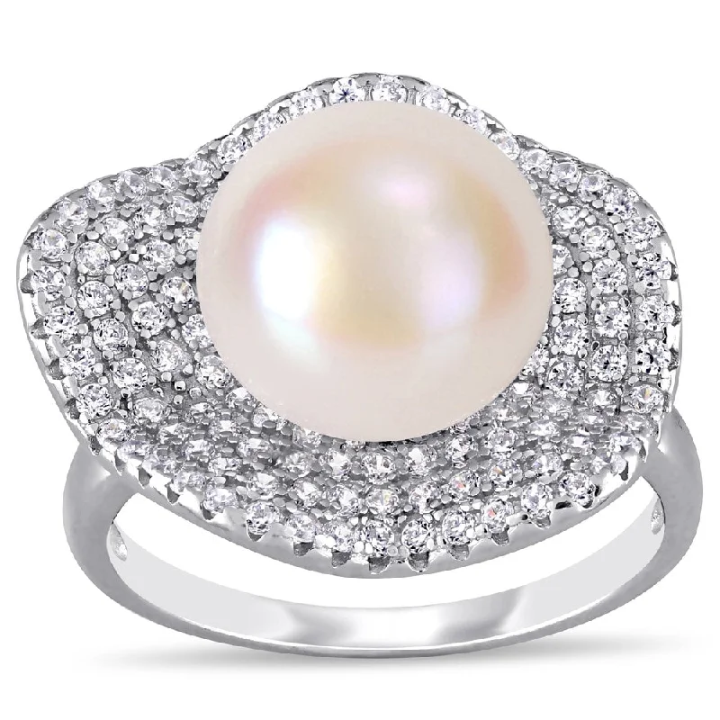 gold ring for women -Miadora Sterling Silver Cultured FW Pearl and CZ Clustered Floral Halo Ring (11-12 mm)