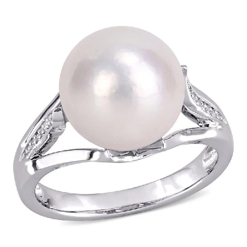 trendy thumb ring for women -Miadora Sterling Silver Cultured FW Pearl and Diamond Accent Solitaire Split Shank Ring (11-12 mm)