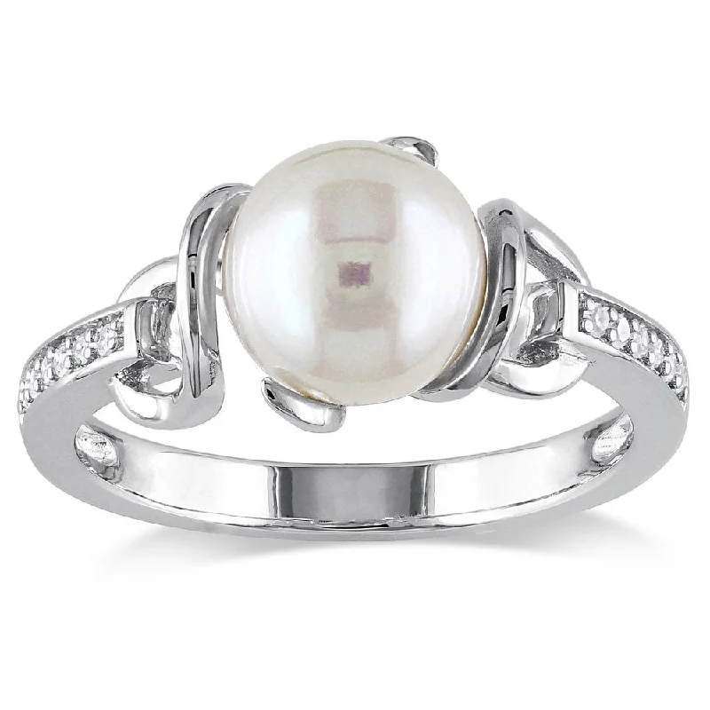 birthstone ring for moms -Miadora Sterling Silver Freshwater White Pearl and Diamond Accent Ring (8-8.5 mm)