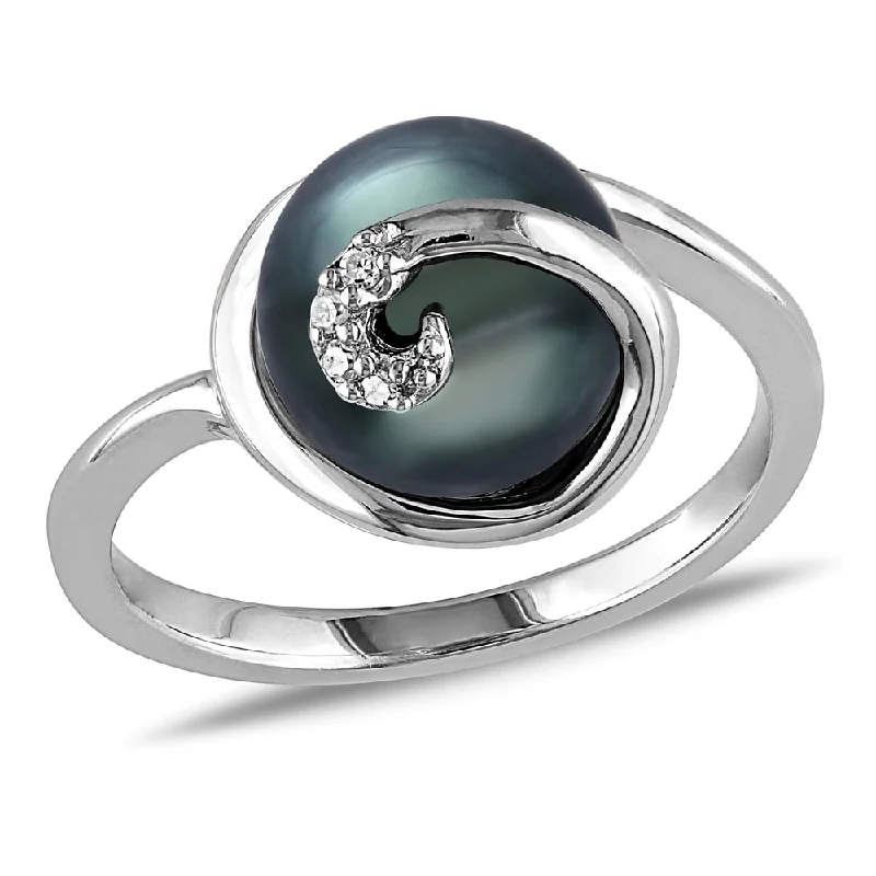 rose gold ring for women -Miadora Sterling Silver Tahitian Pearl and Diamond Accent Cocktail Ring - Black