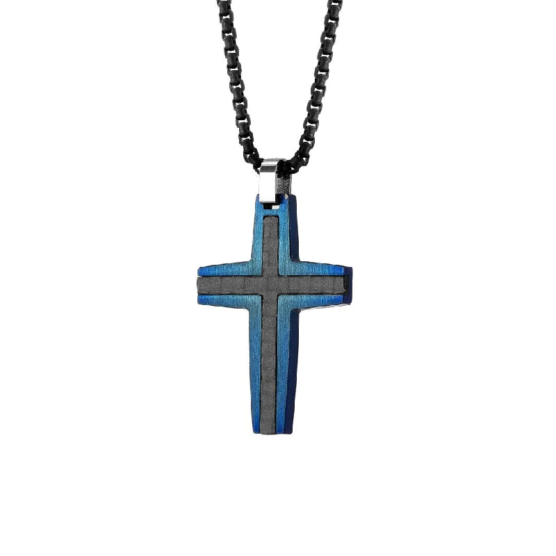 matching couple necklaces -Micah Ion Plated Stainless Steel Polished Brushed Carbon Fiber Cross Necklace