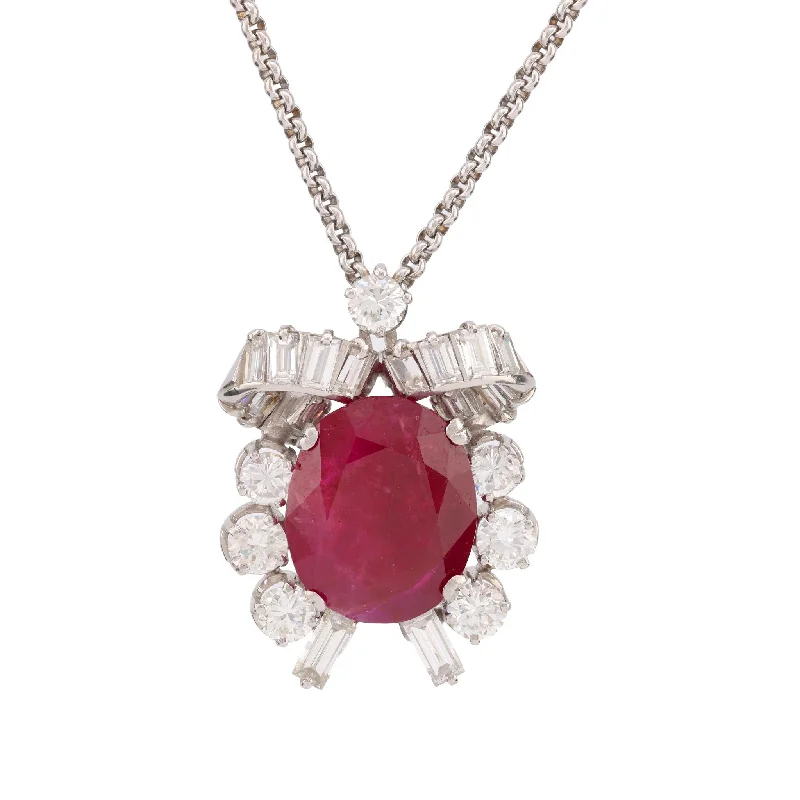 flower pendant necklace for women -Mid Century 11.6 Carat Burma No Heat Ruby Diamond Platinum Necklace