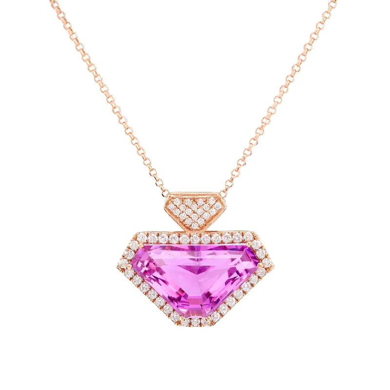 ruby necklace for women -Modern 15 Carat Kunzite Diamond 14K Rose Gold Necklace