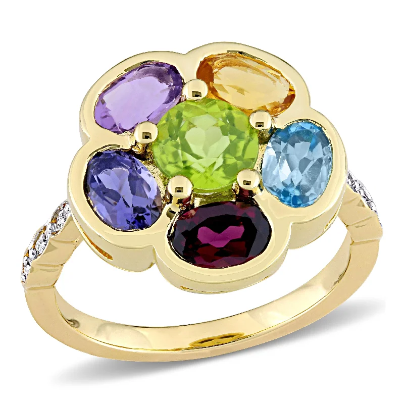 bar band ring for women -Multi-color Gemstone and Diamond Accent Composite Flower Ring in Yellow Plated Sterling Silver by Miadora