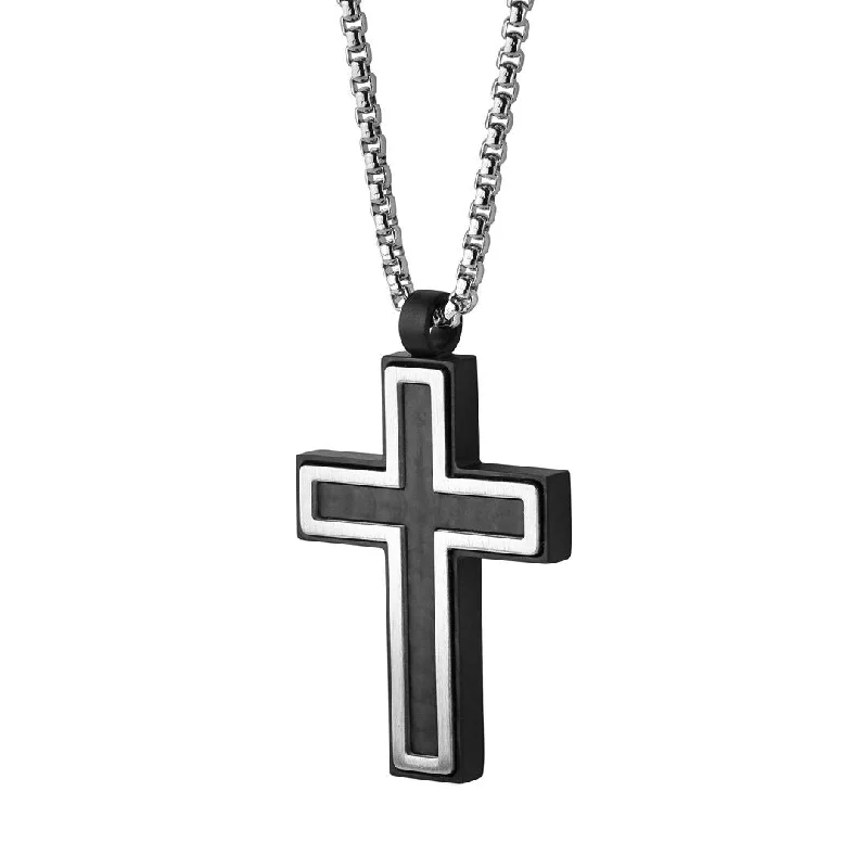 classic pearl necklace for formal events -Nuriel Black Ion Plated Stainless Steel Polished Brushed Carbon Fibre Cross Necklace