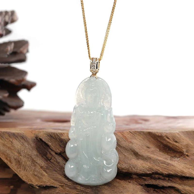 trendy necklace for teens -RealJade® 14k Yellow Gold "Goddess of Compassion" Genuine Ice Burmese Jadeite Jade Guanyin Necklace With Gold Diamond Bail