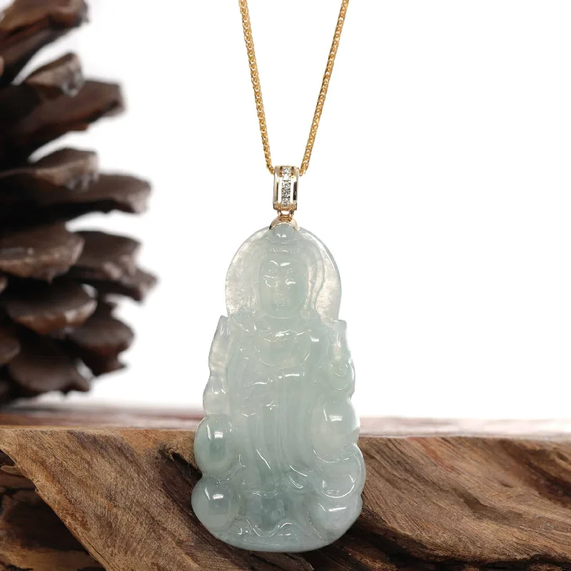 minimalist silver necklace for men -RealJade® 14k Yellow Gold "Goddess of Compassion" Genuine Ice Burmese Jadeite Jade Guanyin Necklace With Gold Diamond Bail